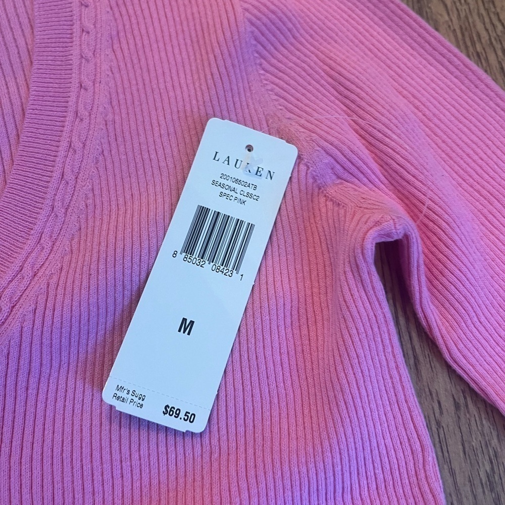 NWT Lauren Ralph Lauren Pink Ribbed Pullover Sweater V-Neck Sz Medium - Picture 3 of 3